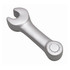 A silver stress spanner shaped like a wrench, featuring a round detailing at one end and an open end at the other.