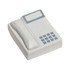 A white stress telephone with a blue keypad and a smooth surface. Features a simplistic design and a logo on it.