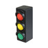 A stress traffic light toy in black with red, yellow, and green buttons for squeezing. Features a logo.