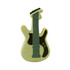 A stress toy shaped like a guitar, featuring a cream body and dark green details. It has a logo on the surface.