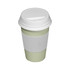 A green and white coffee cup with a white lid and sleeve, featuring a logo.