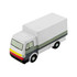 A stress toy shaped like a white delivery truck with grey and black detailing. The truck has a simple design.