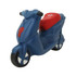 A blue stress scooter with a red seat and a logo, designed as a fun stress-relief toy.