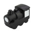 A black stress toy in the shape of a steam train, featuring simple wheels and a smooth surface.