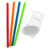 A set of four silicone straws in red, orange, blue, and green, housed in a clear case with branding.