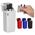 A portable container holding foldable metal straws in silver and a hand holding additional straws. Available in red, blue, and black.
