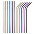 Stainless steel drinking straws in various colours, featuring both straight and angled designs, with logo branding.