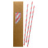 A box containing pink and white striped paper straws, with three straws visible through a window in the packaging.