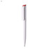 A white plastic pen with a red top and a clip, featuring a logo on its body.