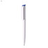 A plastic pen in white, featuring a blue clip at the top and a minimalist design. It has a logo on the barrel.
