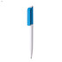 A plastic pen with a white barrel and a blue grip, featuring a logo on the grip.