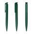 A green plastic pen with a textured grip, showing three different angles and a logo on the side.