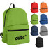 A green backpack with a front pocket, accompanied by examples in red, orange, blue, dark blue, grey, and black.
