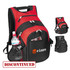 A red and black deluxe computer backpack features multiple pockets and a side mesh pocket for a drink bottle. It has a logo.
