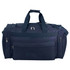 A navy duffle bag featuring dual handles, a shoulder strap, and multiple zippered compartments. Includes a logo.