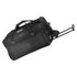 A black rolling duffle bag with extended handles and wheels, featuring a side pocket and a logo.