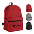 A red backpack with a front pocket and a logo, also available in grey and black.