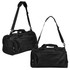 A black duffle bag with dual handles and an adjustable shoulder strap, featuring a logo on the side.