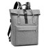 A grey Adventure Laptop Backpack with a roll-top closure and front pocket, featuring adjustable straps and a logo.