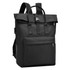A black Adventure Laptop Backpack featuring a top flap, adjustable straps, and a front pocket. It has a logo on it.