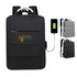 A black laptop backpack featuring a branded logo and a USB charging port. Includes a grey version shown beside it.