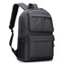 A dark grey laptop backpack with multiple compartments and adjustable straps, featuring a logo on the front.