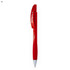A red plastic pen with a grip and a clip, featuring a logo on the barrel.