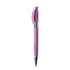 A purple metal pen with a shiny chrome accent and a clip, featuring a branding logo.