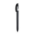 A black plastic pen with a silver clip and a smooth surface, featuring a logo on the barrel.