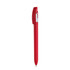 A red plastic pen with a sleek design and a clip, featuring a branding logo.