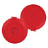 A compact red tape measure with a circular design, featuring a logo on one side. It includes a clip for attachment.