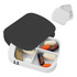 A black and white pill box divided into compartments, containing various medication capsules and tablets.