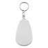 A white pill cutter with a keyring attachment, featuring a smooth, rounded design.