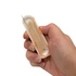 A hand holding a transparent container with a variety of wooden toothpicks inside, featuring an orange accent.