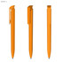An orange plastic pen featuring a sleek design and a clip for convenience, with a glossy finish.