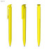 A yellow plastic pen with a glossy finish and a clip, featuring multiple angles of the product.