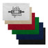 A set of cotton tea towels in various colours: white, beige, red, green, and navy, with a graphic design.