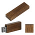 A wooden USB flash drive in a rectangular shape, featuring a metallic connector and a rich brown colour.