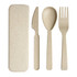 A set of beige wheat straw utensils including a knife, spoon, and fork, housed in a matching case.
