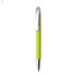 A plastic pen in bright green with a chrome clip and silver tip. The pen features a branding logo.