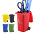A red wheelie bin pen holder featuring scissors, pens, a ruler, and additional stationery items, with other coloured bins shown.