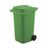 A green wheelie bin pen holder with a lid and a black wheel, designed for office use.