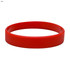 A red silicone wristband with a smooth surface and circular design, featuring a branding logo.