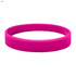 A pink silicone wristband with a smooth, circular design and a branding logo.