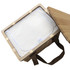 A square wicker picnic cooler basket with a light-coloured interior and brown straps, partially open.