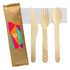 A wooden cutlery set featuring a knife, fork, and spoon, packaged in a brown wrap with a logo.