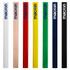 A collection of carpenter pencils in white, natural wood, red, yellow, green, navy, and black, featuring logos.