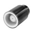 A wine stopper in black with a white interior, featuring a round design and a logo on the surface.
