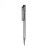 A plastic pen in transparent grey with a clear cap, featuring a logo on the barrel.