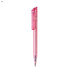 A pink plastic pen with a transparent cap and a sleek design, featuring a logo on the barrel.